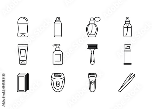 Deodorant stick, deodorant spray, perfume bottle, body mist spray, sunscreen tube, after sun lotion, shaving razor, shaving foam