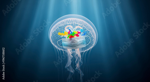 Jellyfish with medical mask and colorful plastic debris inside its bell symbolizes ocean pollution and environmental impact of waste in sea.