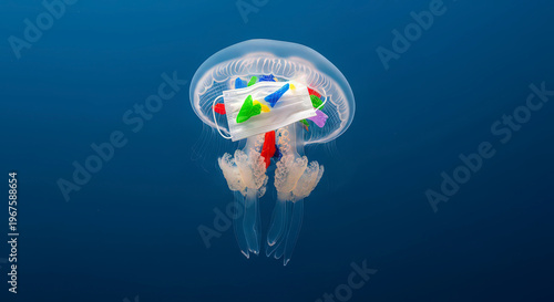 Conceptual image representing marine pollution showing jellyfish filled with colorful plastic waste and surgical face mask drifting in deep blue ocean.