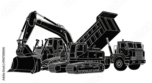 Heavy Construction Excavator and Dump Truck Illustration.