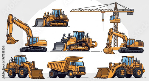 Collection of Heavy Construction Vehicles and Machinery Set.
