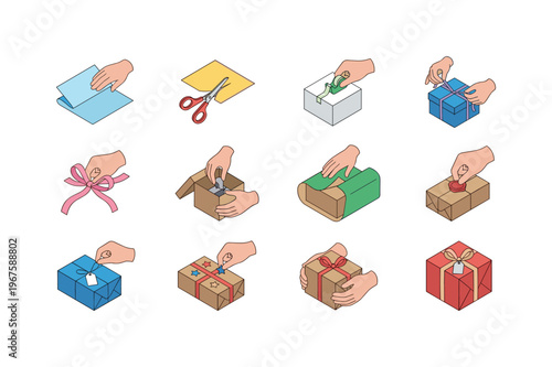 Wrapping actions including folding paper, cutting paper, taping edges, tying ribbon, making bow, placing gift in box, wrapping box