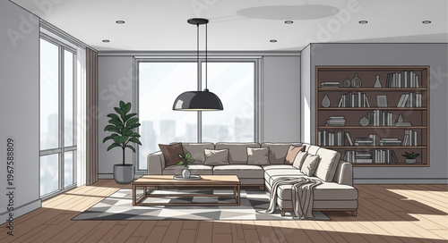 Modern Living Room Interior Design with Large Sectional Sofa and Bookshelf.