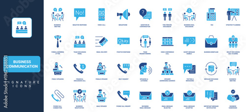 Business communication, people communicate on conference, send email glyph icon set. Messages of meeting, no and okay, question in speech bubbles solid symbols vector illustration