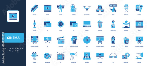 Cinema, video film premiere, movie production, entertainment, actor and actress stars glyph icon set. Ticket and popcorn of theatre auditorium, critics solid symbols vector illustration