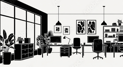 Modern Office Interior with Desks Computers and Plants.