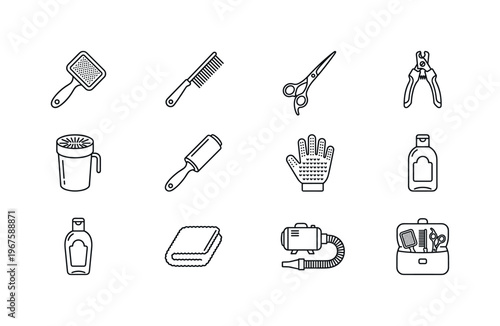 Dog brush, dog comb, grooming scissors, nail clipper, paw cleaner, lint roller, grooming glove, shampoo bottle, conditioner bottle