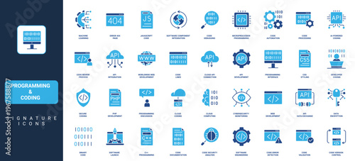 Programming and coding, program code and software, application development glyph icon set. Develop web interface, cybersecurity and data encryption solid symbol vector illustration