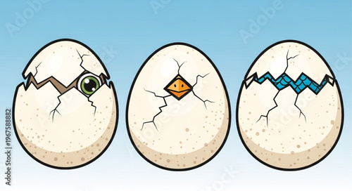 Three cracked eggs with eyes and beaks peeking out.