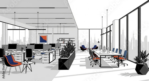 Modern Office Interior Design With Desks Chairs and Plants.