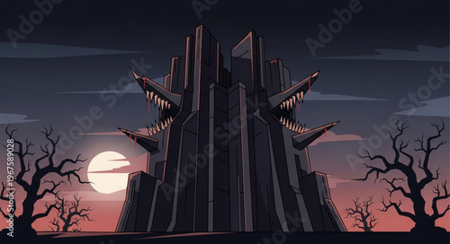 Spooky castle with monster faces at night.