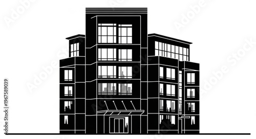 Modern Apartment Building Facade Silhouette Black and White.