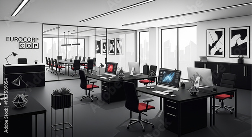 Modern Office Space with Desks and Meeting Room.