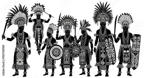Group of Indigenous People in Traditional Ceremonial Attire.