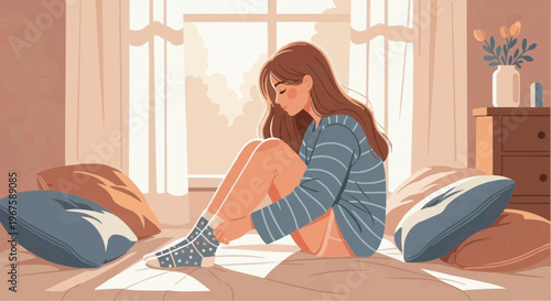 Young woman sitting on bed and putting on cozy socks in bedroom, Relax concept    