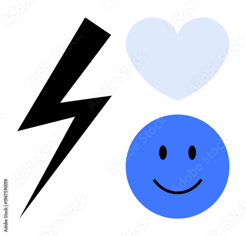 Energy concept. Lightning bolt, heart, and happy face symbols energy, emotion, and positivity. Energy iconography for infographics, social media, branding lifestyle projects and digital content