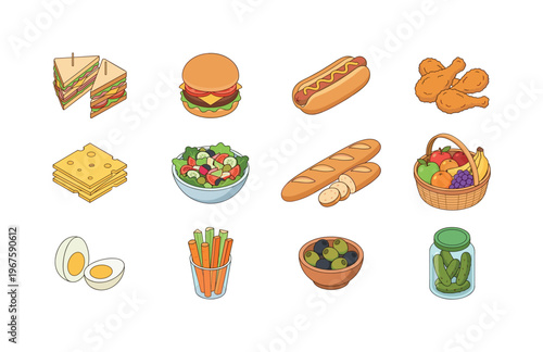 Assortment of picnic food items including sandwiches, burgers, and fruits