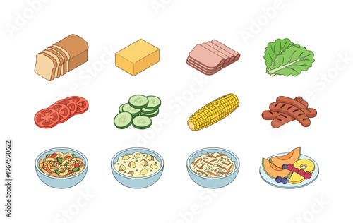 Assortment of picnic food items arranged in a grid for outdoor dining