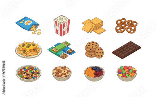 Assortment of popular snack foods and treats in a clean, isolated illustration