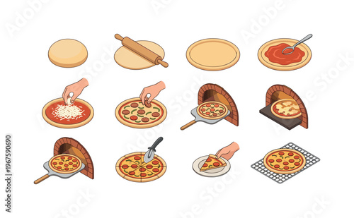 Step-by-step illustration of making a delicious pizza from dough to oven