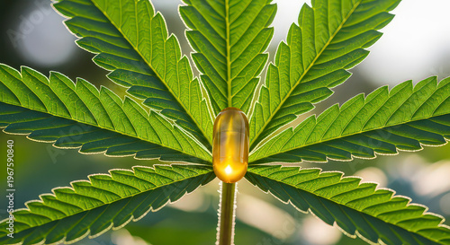 Cannabis leaf with golden capsule representing CBD oil or medical marijuana extract, healthy natural product concept, close-up.
