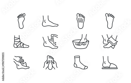 Bare foot, foot side view, foot top view, toes spread foot, foot with bandage, foot washing, foot soaking bowl, foot with towel,