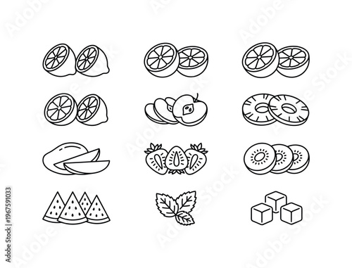 Pear slices, peach slices, plum halves, apricot halves, nectarine slices, fig halves, pomegranate seeds pile, passion fruit halves