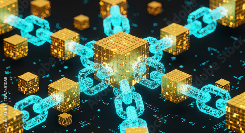 Abstract visualization of a blockchain network with glowing blue chains connecting golden metallic blocks, illustrating distributed ledger technology and cryptocurrency concept.