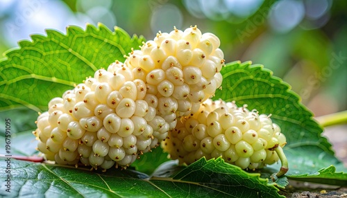 Close-up of white mulberries ripening on the branch with vibrant green leaves in natural light perfect for fresh eating