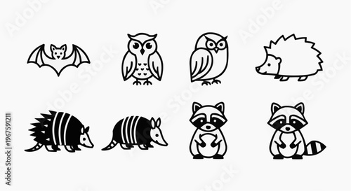 Adorable animals in a delightful illustration, ideal for children's designs. Eight different animals in simple line art