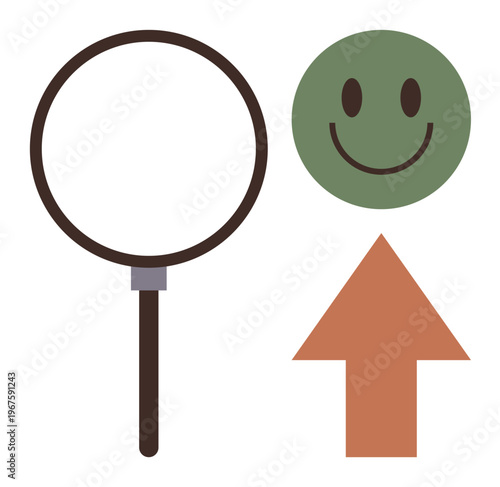 Business strategy, feedback, positivity, evaluation, progress, customer satisfaction. A magnifying glass, green happy face and orange upward arrow. Feedback and positivity concept