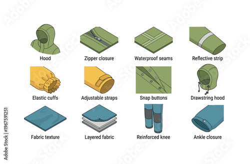Detailed illustration of outdoor apparel features and construction elements