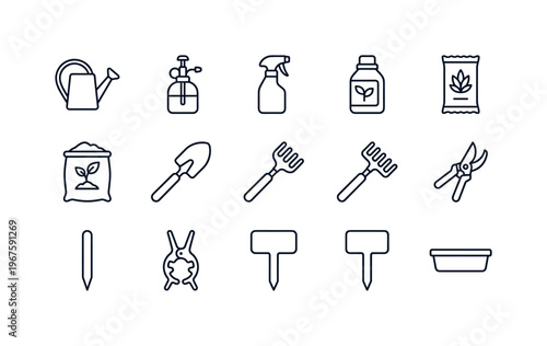 Collection of essential gardening tools and supplies for plant care and cultivation