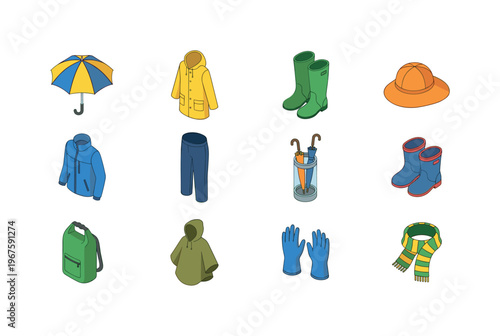 Collection of essential clothing and accessories for rainy weather protection