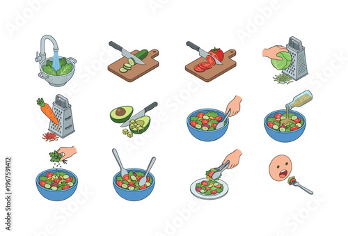 Step-by-step illustration of preparing a fresh vegetable salad for healthy eating