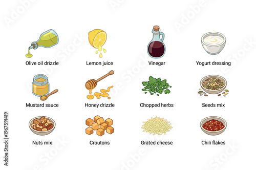 Collection of salad dressing ingredients and toppings for healthy meals