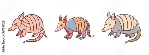 Three cartoon armadillos standing in a row