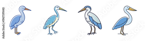 Four different blue heron birds standing in various poses