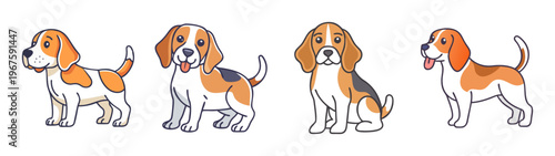 Four cartoon beagles in different poses