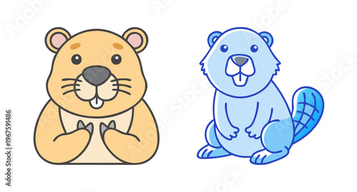 Two cartoon beavers in different colors sitting side by side