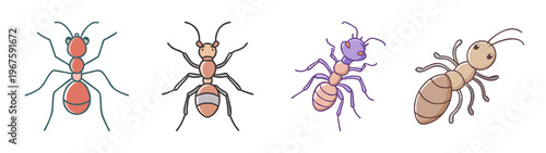 Colorful illustrations of ants in different poses and colors