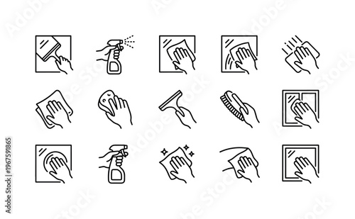 Hand with squeegee, hand spraying cleaner, hand wiping glass, hand with cloth, hand holding sponge, hand with scraper, hand with