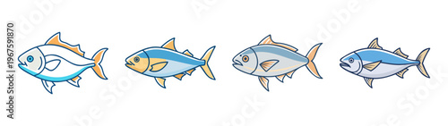 Four different colored fish swimming in a row