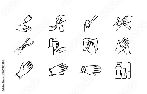 Hand cream application, nail polishing, cuticle care, nail filing, nail trimming, hand washing sink, hand drying, hand massage,