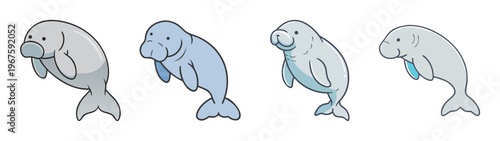 A set of four cartoon manatees in different poses