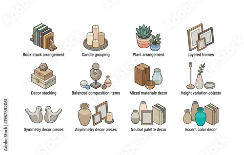 Interior design arrangement examples for shelves and surfaces