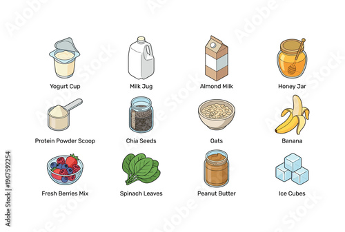 Collection of ingredients for making healthy smoothies and protein shakes