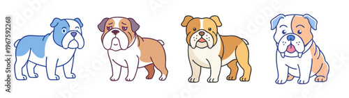 Colorful illustration of four different bulldog breeds standing in a row