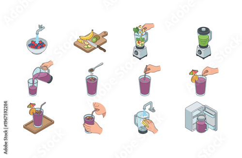 Step-by-step illustration of preparing a healthy berry smoothie at home