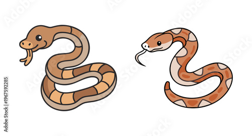 Two cartoon snakes facing each other in orange and brown colors
